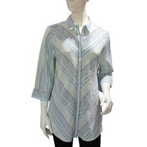 Chicos Linen Blouse Size 1 Medium Blue Stripe Button Front 3/4 Sleeve